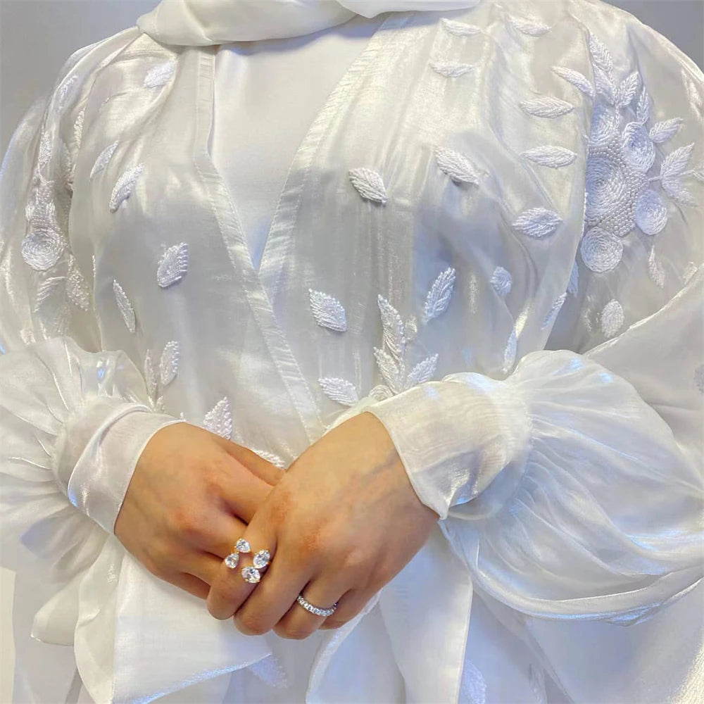 White Embroidery Shiny Women Muslim Open Abaya Maxi Dress Kaftan Kimono Puff Sleeve Gown Jalabiya