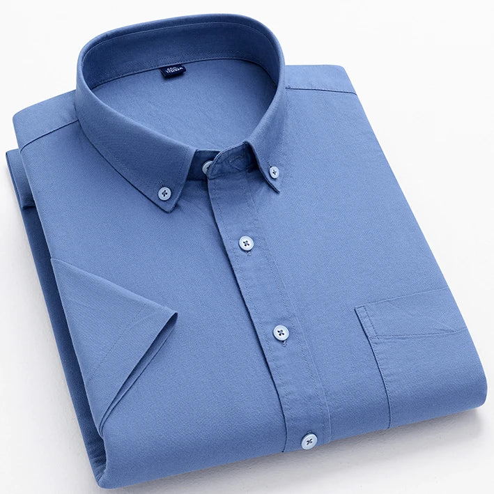 100% Cotton Breathable Men Oxford Short Sleeve Summer Plaid Striped Male Shirt Business Regular Fit Oversized Clothes