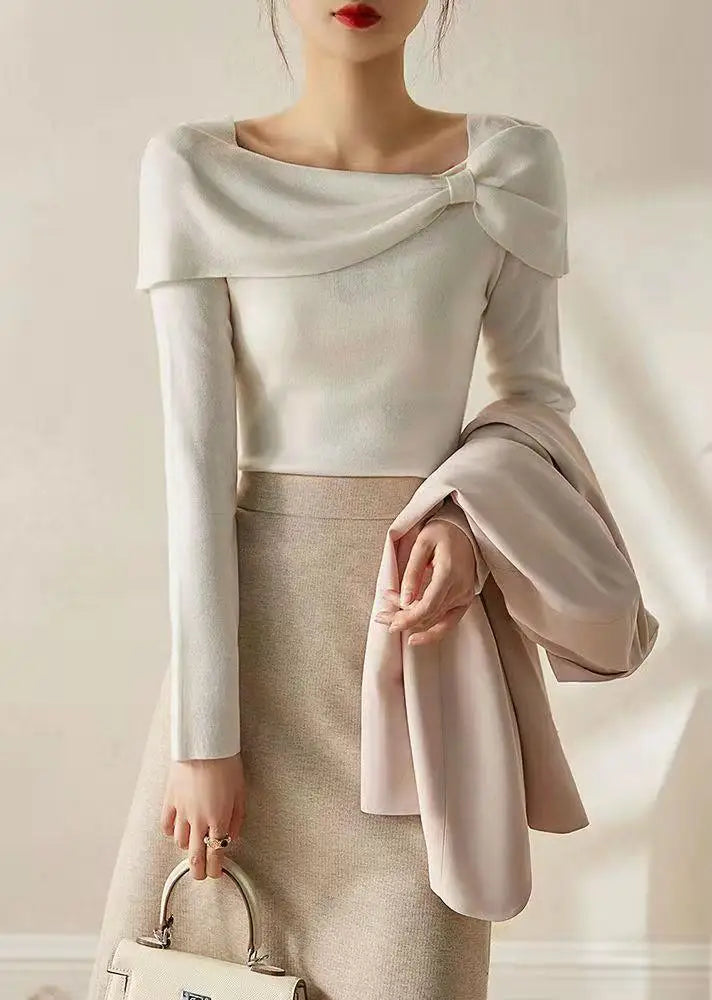 Fashion Bow Knit Sweater Women Slash Neck Long Sleeve Top Korean Womens Clothing Pullovers Sweaters Autumn Winter