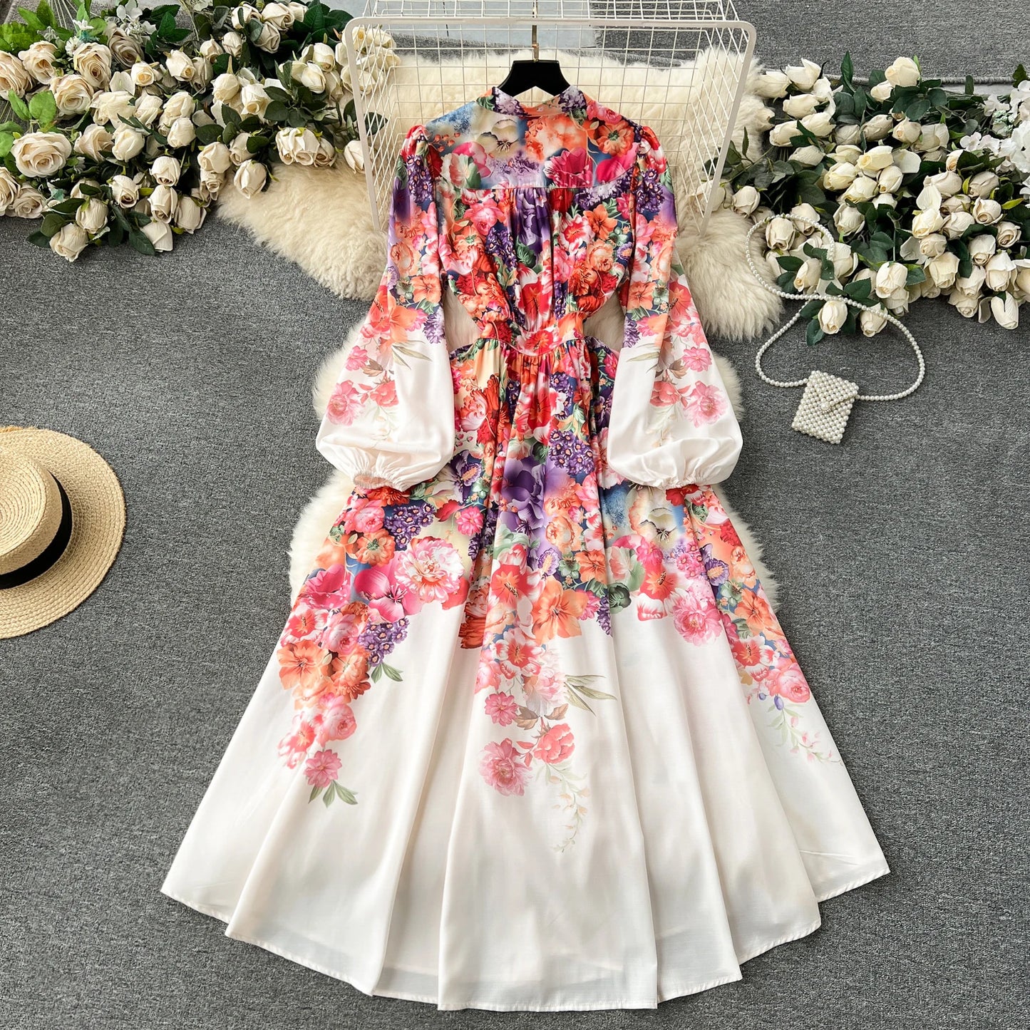 Spring Women'S Clothing  Elegant V-Neck Long Skirt Floral Print Dress Large Hem Party Formal Maxi Dress Vestidos