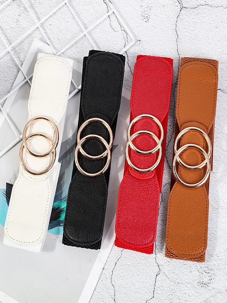 New Elastic Wide Women Belt Golden Shuang Huan Kou Girdle for The Ladies Shirt Sweater Dress Decoration Strap