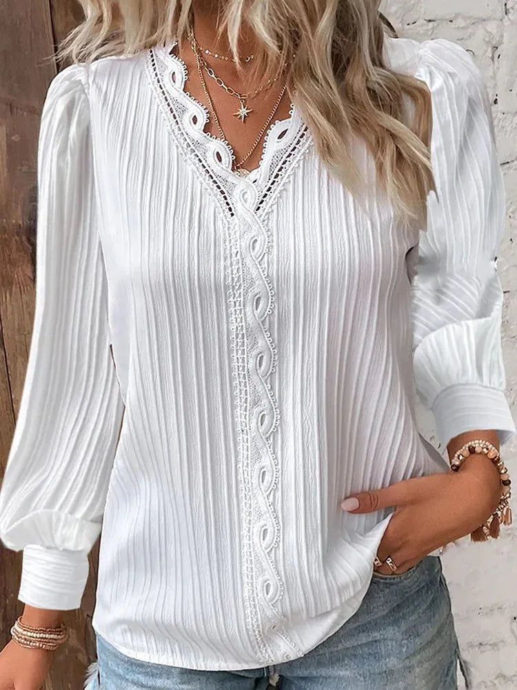 Woman Lace Stitching V-Neck Simple Black Chiffon Shirt Autumn Lantern Long Sleeve Pullover Top Fashion Lady Elegant Street Blous