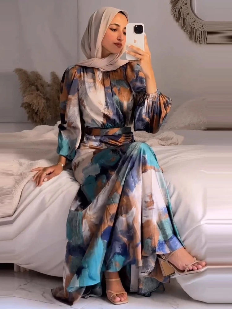Eid Arab Muslim Party Dress for Women Abaya Print Jalabiya Long Dresses Morocco Kaftan Vestidos Dubai Ramadan Gown Robe