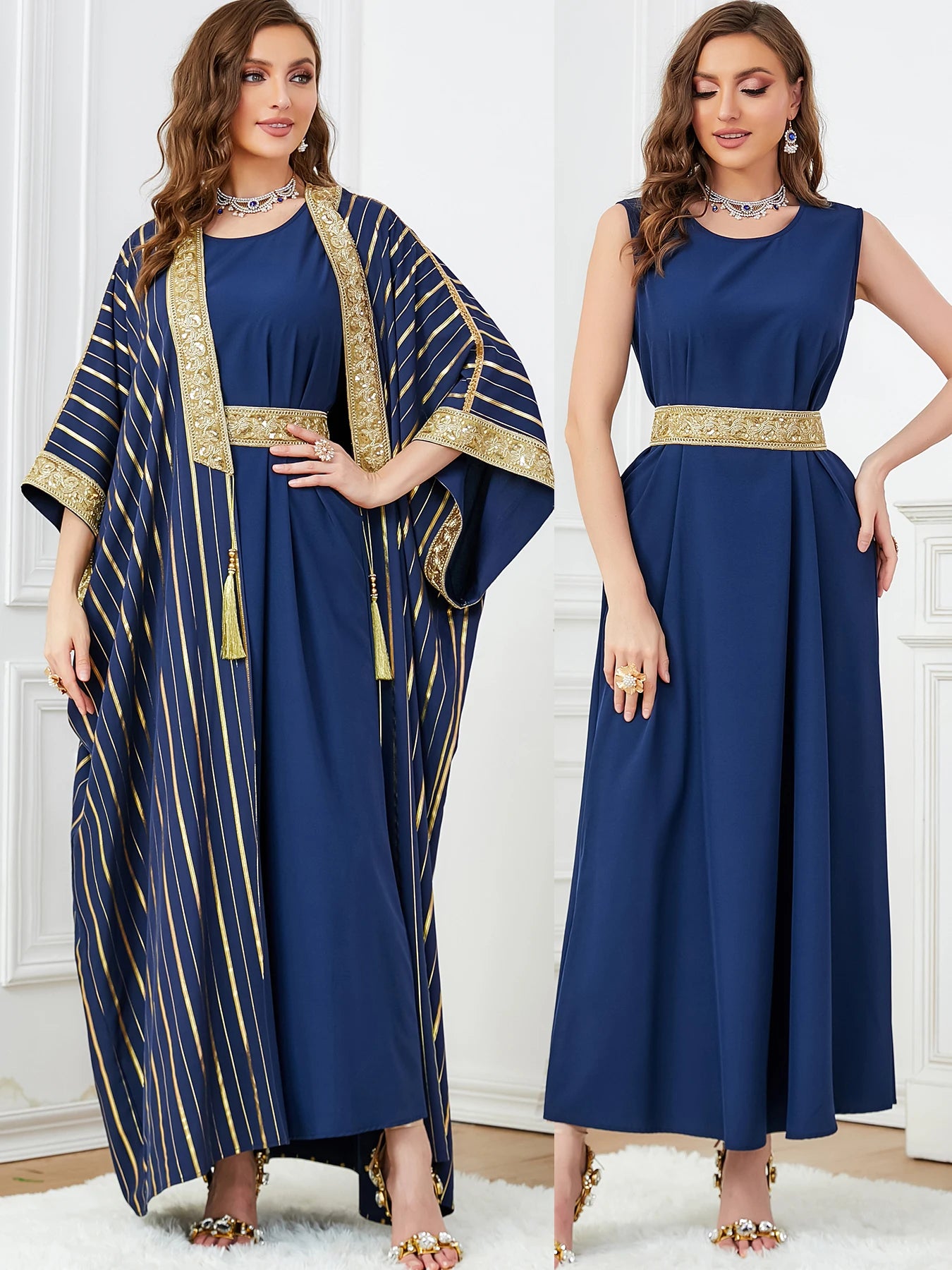 Dress for Women Abaya 2 Piece Set Half Sleeve Caftan Morocco Dubai Arab Party Long Dresses Kimono Robe