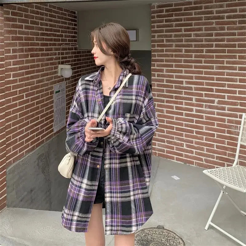 Women Shirts Spring and Fall Plaid Buttons Long Sleeve Blouse Casual Loose Vintage Style Shirt Female Versatile Jacket for Woman