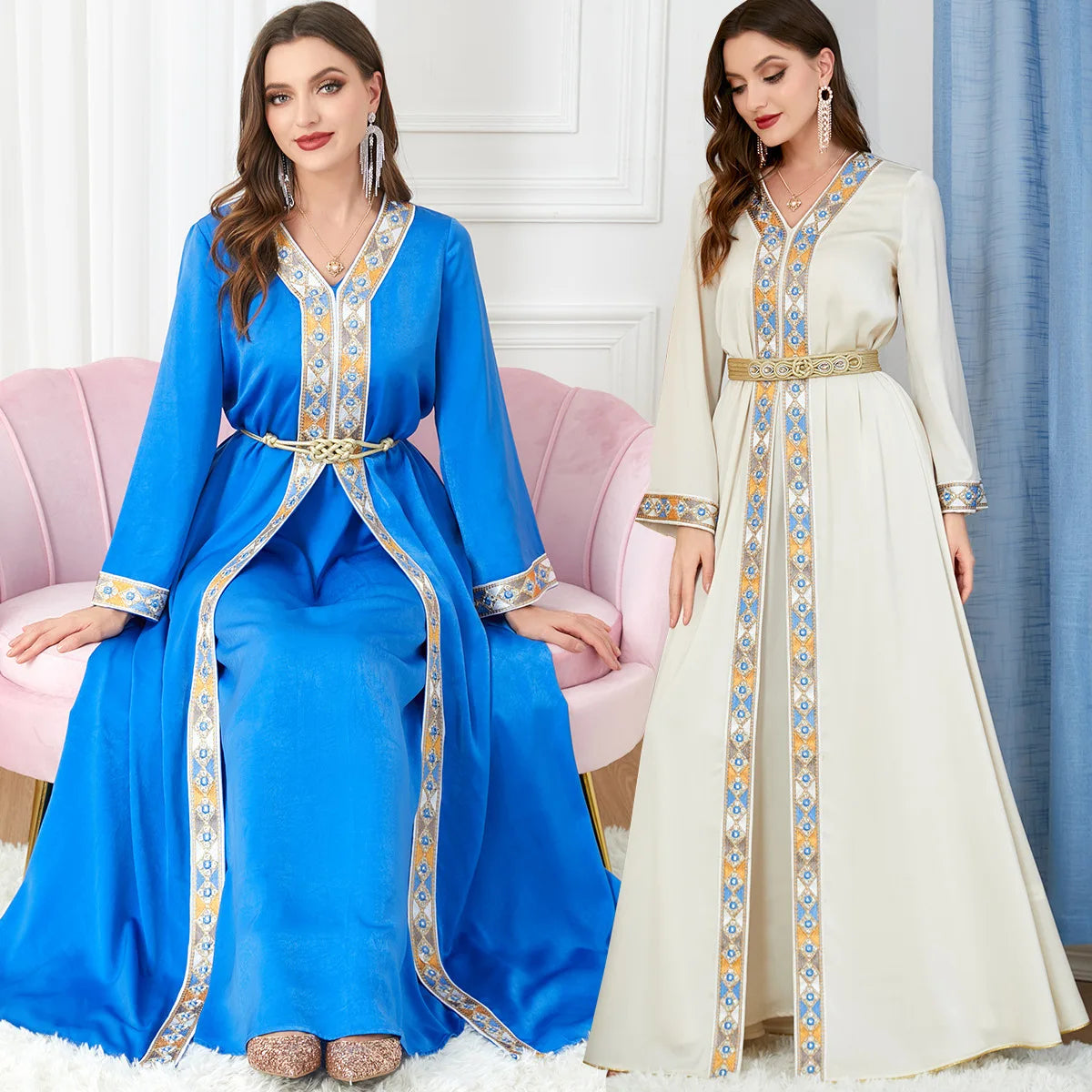 Moroccan Jellaba Women Abaya 2 Piece Set Party Dresses Luxury Floral Lace Tape Dubai Turkey Kaftan Muslim Fashion Women Dress luxury