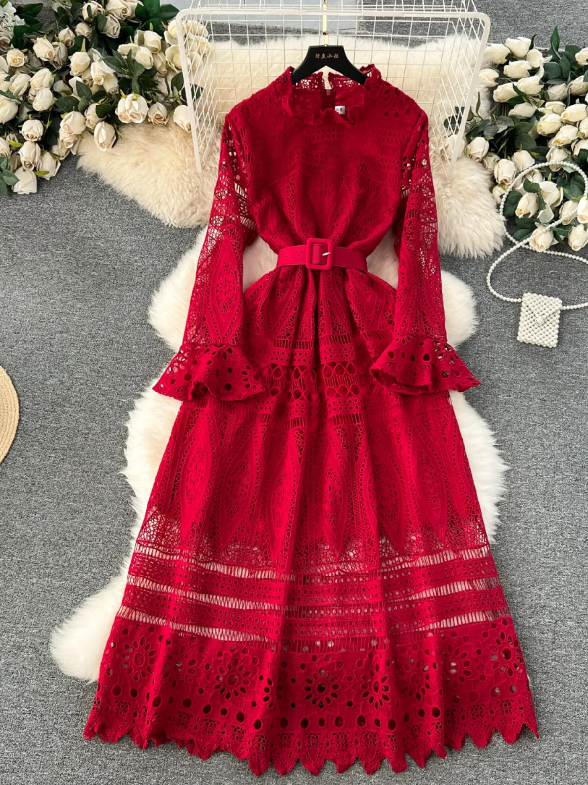 Hollow Out Lace Long Dress for Women Spring O-Neck Full Sleeve Slim Waist Party Gown Female Vintage A-Line Vestidos