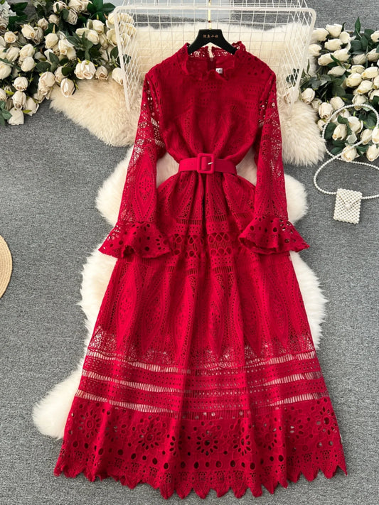 Hollow Out Lace Long Dress for Women Spring O-Neck Full Sleeve Slim Waist Party Gown Female Vintage A-Line Vestidos