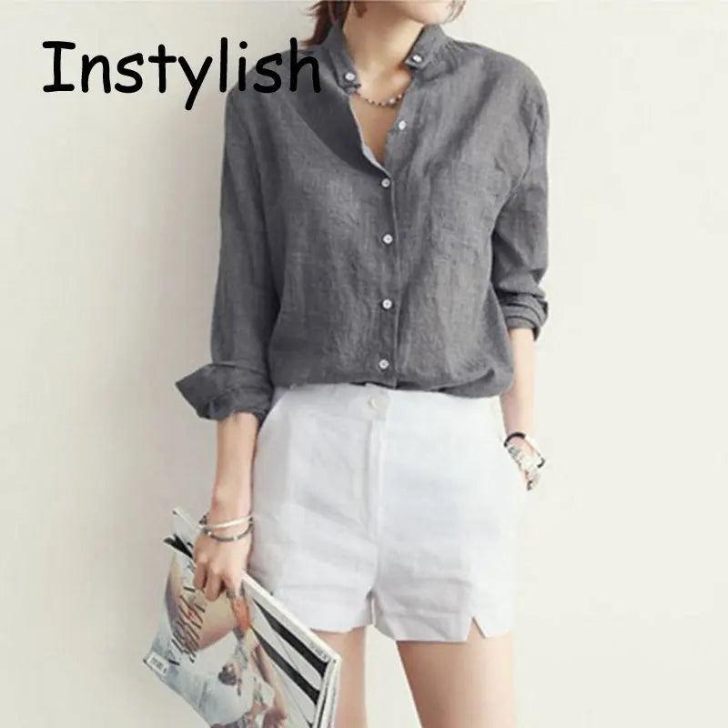 Women  Korean Solid Cotton and Linen Blouse Vintage Solid Thin Loose Shirt  Casual Long Sleeve Korean Tops