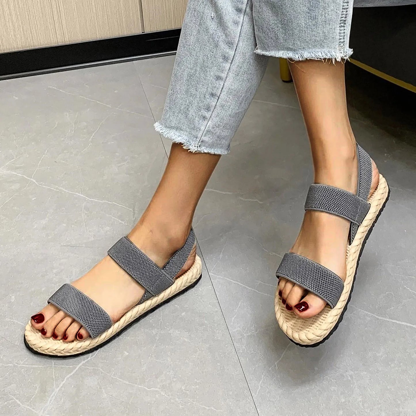 Summer Simple Sandals Solid Color Elastic Strap Open Toe Flat Bottom Outside Straw Linen Roman Shoes Plus Size Women's Sandals