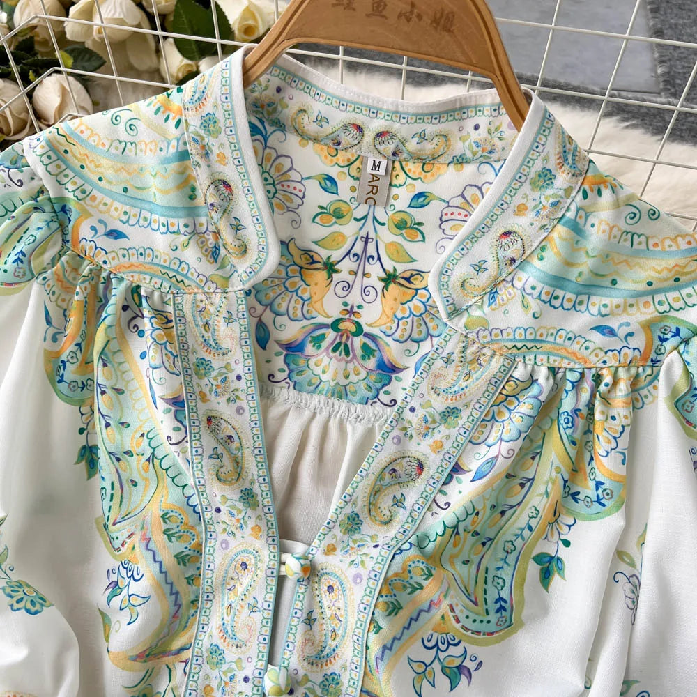 Elegant Party Dresses Women Vintage Paisley Print Dress  Spring Summer V Neck Long Sleeve Holiday Bohemian Mini Dress