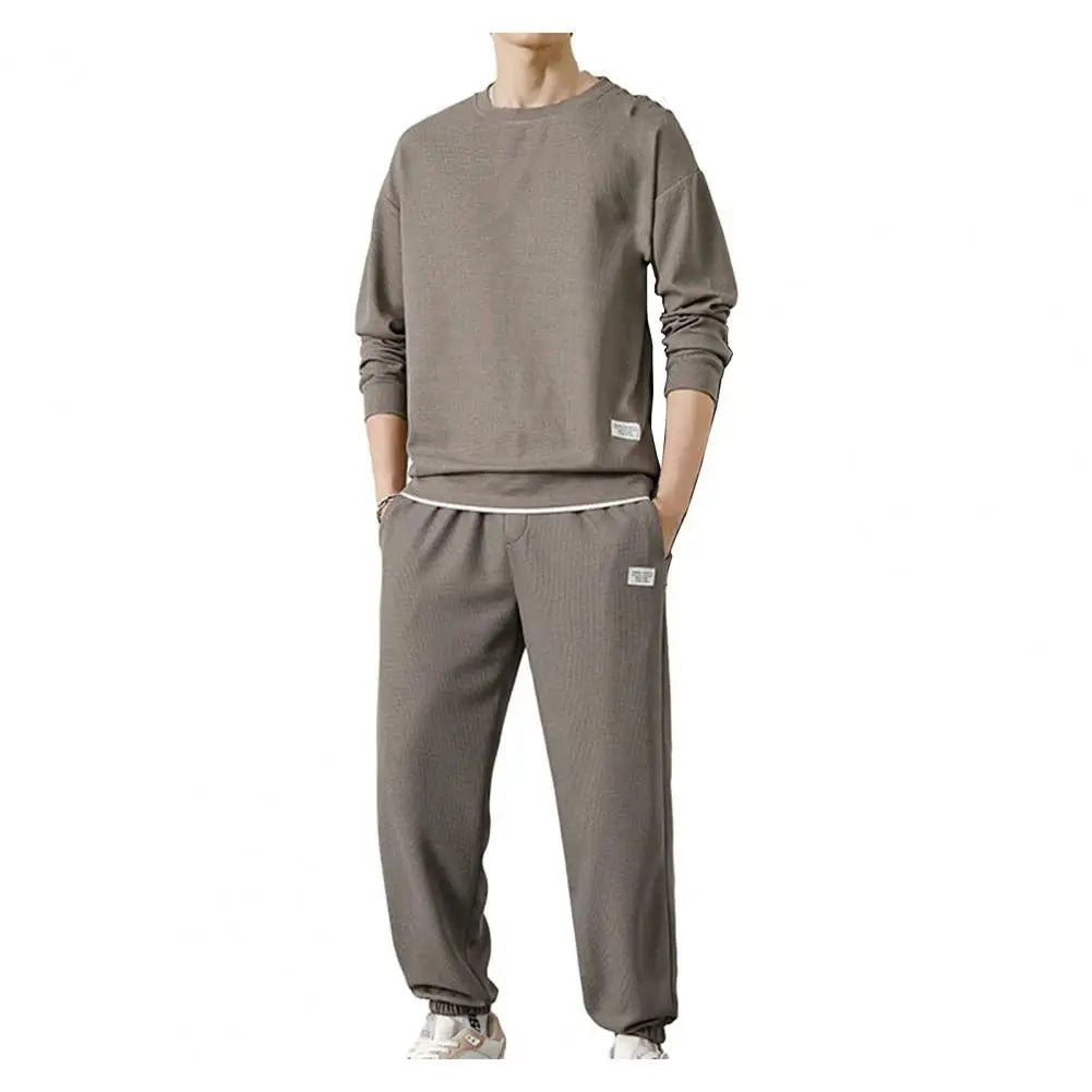 Men Top Trousers Set Men's Casual Waffle Texture Sweatshirt Suit with Elastic Waist Jogger Pants Set for Autumn Winter Youth