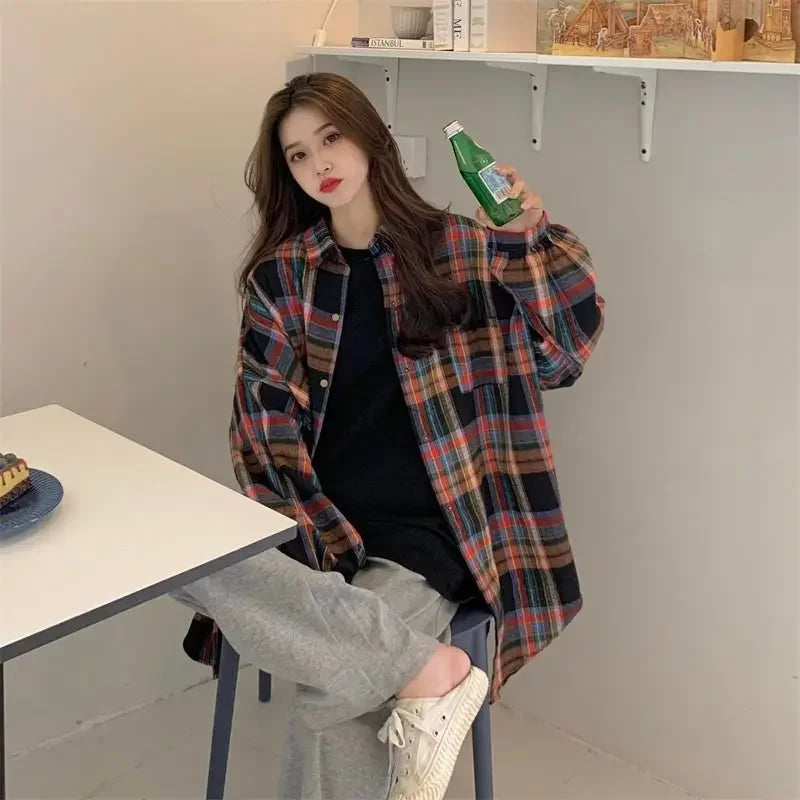 Women Shirts Spring and Fall Plaid Buttons Long Sleeve Blouse Casual Loose Vintage Style Shirt Female Versatile Jacket for Woman
