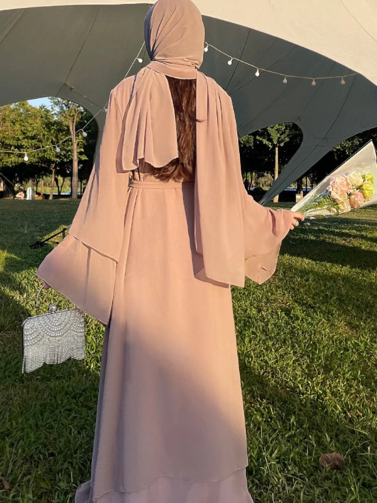 Eid Muslim Sets Two Pieces Abaya for Women Ruffles Sleeve Long Robe Cardigan Arab Ensemble Vestidos Abayas