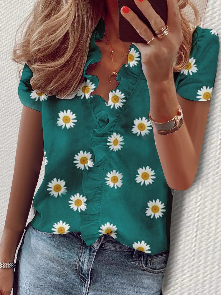 Casual Short Sleeve V Neck Ruffles Blouses Elegant Shirts Summer Vintage  Loose Tops Female Boho Tunic