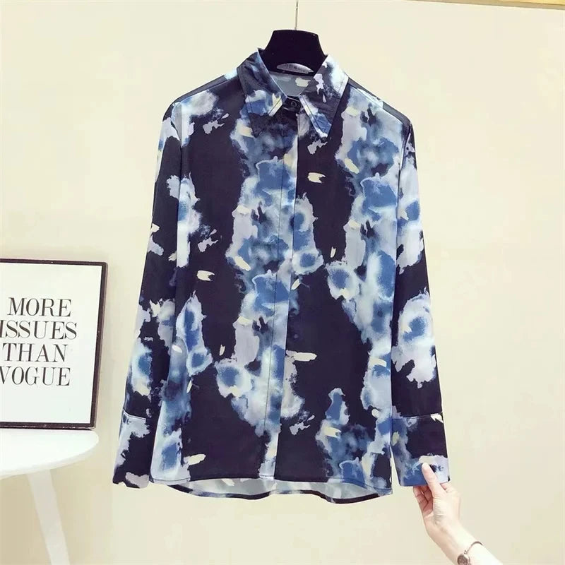 Women Spring Summer Satin blouses Blouses Shirt Lady Casual Long Sleeve Turn-down Collar Print Slim Tops
