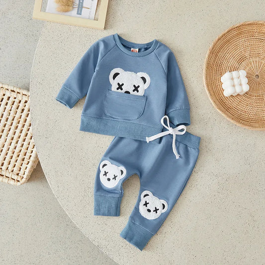 Toddler Boys Autumn 2Pcs Pants Set Long Sleeve Bear Embroidery Pullover Tops and Drawstring Pants Sets   0-3Years