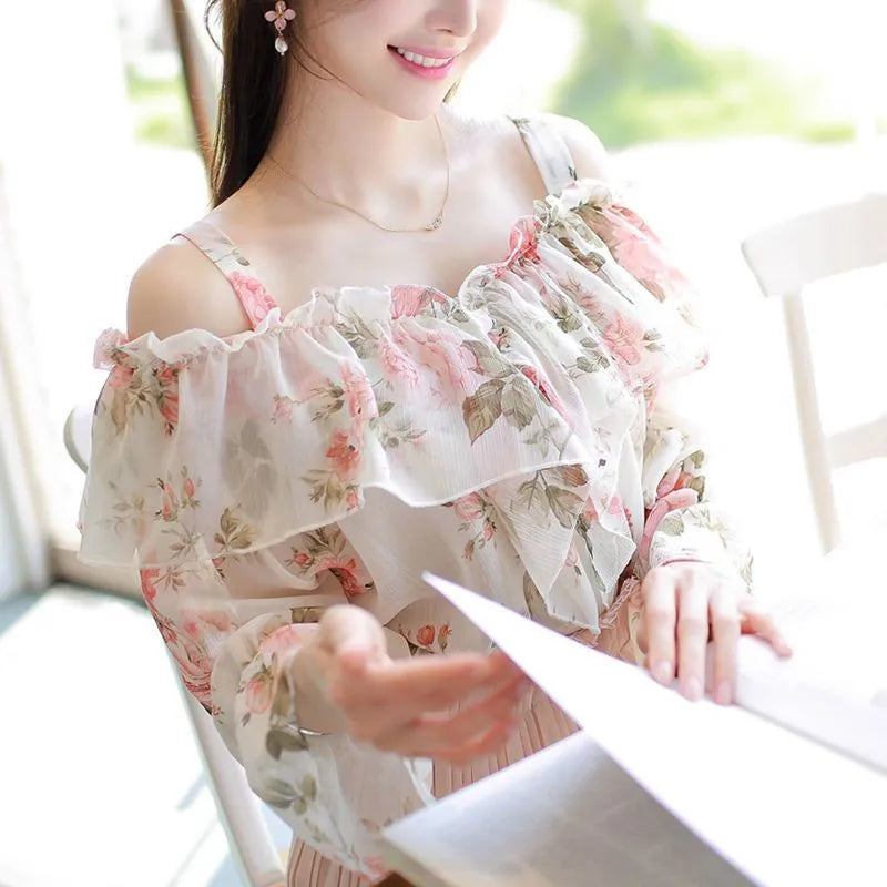 Chiffon Shirt Long Sleeved Top Women Blouse Sweet Broken Flower Prairie Chic