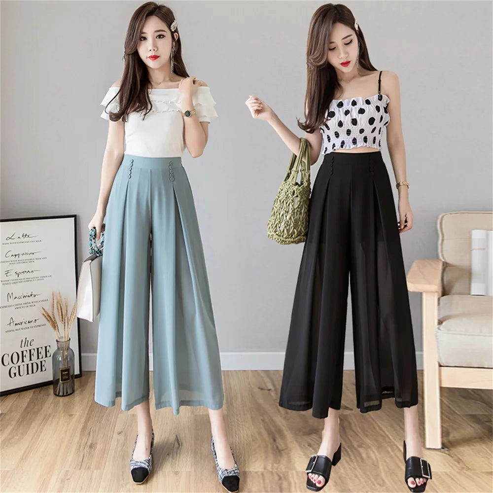 summer high waist Women's wide leg chiffon straight pleated Capris pants for women baggy pants woman trousers
