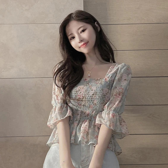 Chiffon Floral Western Style Small Shirt Women Summer Super Fairy Square Collar Top Waist Hugging Short Half Sleeve