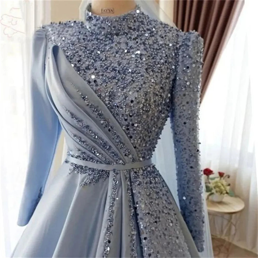 woman Luxury High Neck A-line Wedding Dress Shiny Sequins Long Sleeves Empire Waist Satin robes de soirée