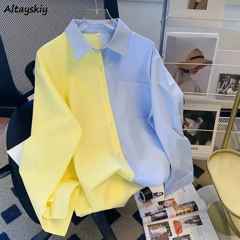 Shirts Women Baggy Patchwork Chi Designed Casual Sweet Spring New Arrival Temperament Popular Korean Style