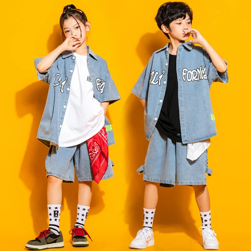 Fashion Denim Jeans Shirt Shorts Kids Hip Hop Dancing Clothes for Girls Boys Jazz Dancewear Street Dance Wear Ballroom Costumes