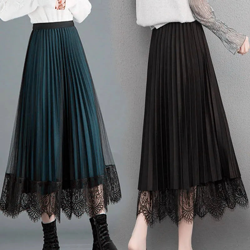 Women's Fashion Pleated Skirt  Elegant Chic Lace Mesh Long Maxi Skirt Female Elastic High Waist A Line Skirts