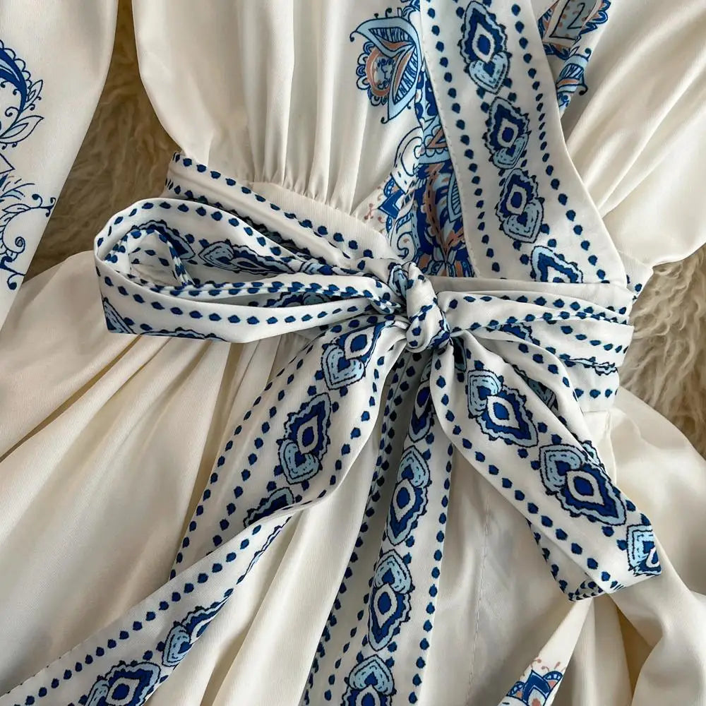 Autumn Runway Blue Flower Dress Women's V-Neck Long Puff Sleeve Single Breasted Floral Print Belt Boho Maxi Party Vestidos