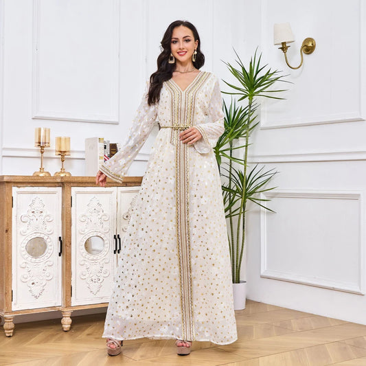 Moroccan Caftan Woman White Long Sleeve Robe Muslim Women Clothing Abaya Luxury Dubai Maxi Evening Wedding Party Dress
