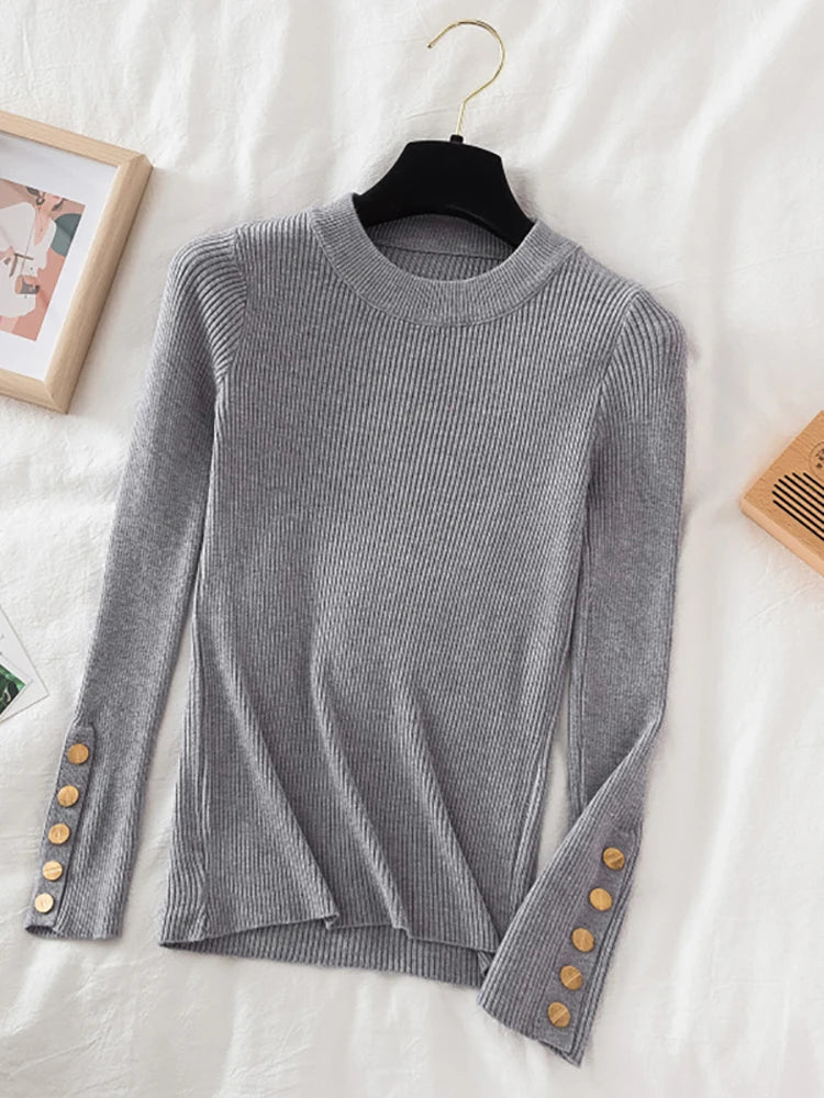 women thick sweater pullovers khaki casual autumn winter button o-neck chic sweater female slim knit top soft jumper tops