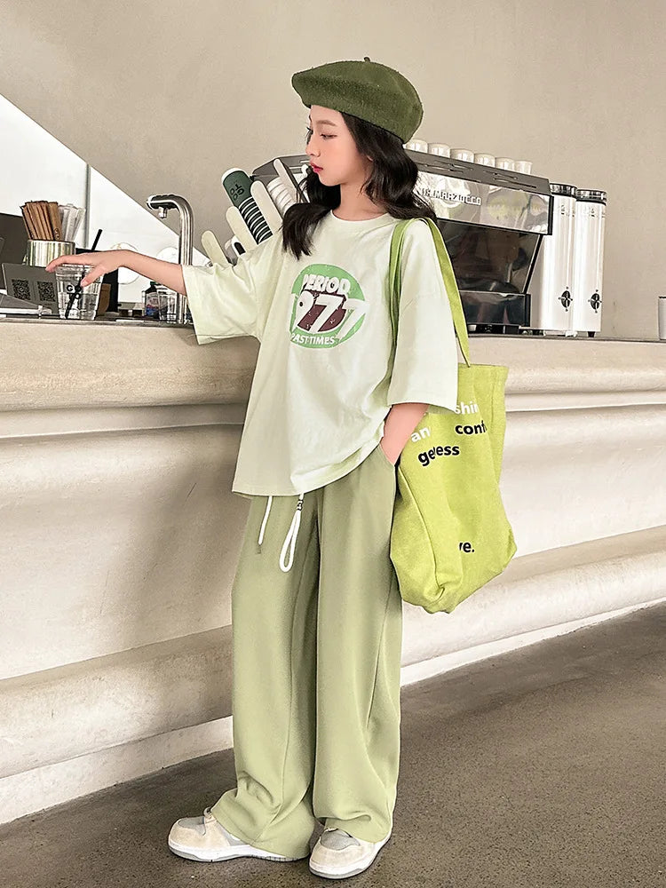 autumn Girl Clothes Outfits New Korea Short Sleeve half sleeve T-shirt + wide leg Pants Trousers Teens 6 7 8 10 11 12 year