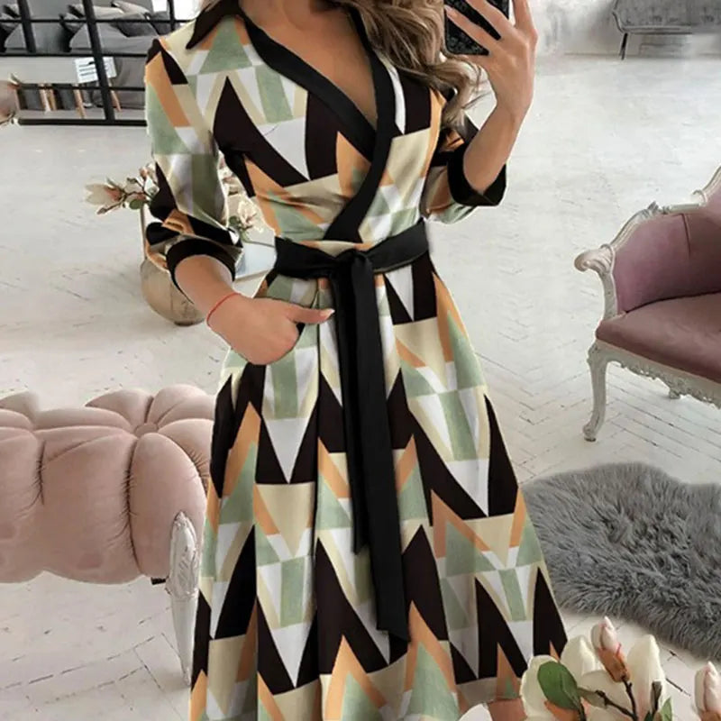 Temperament Women'S New Printed V-Neck Long Sleeved Dress Fashionable Slim Fit High Waist Irregular Dress Party Club