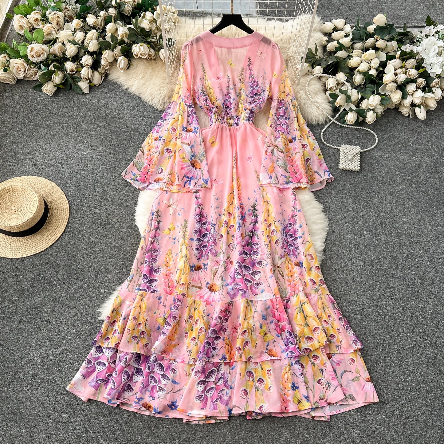 Elegant Deep V-Neck Floral Print Dress French Flare Sleeve Chiffon Tierred Cake Dress Holiday Vestido