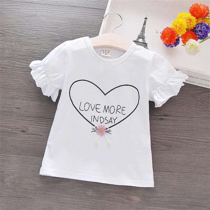 Girl T-shirt Flare Short Sleeve Tee Tops Heart Print Kid Girl Clothes Sweet Pullover Casual Children Infant Outfit T Shirt A836