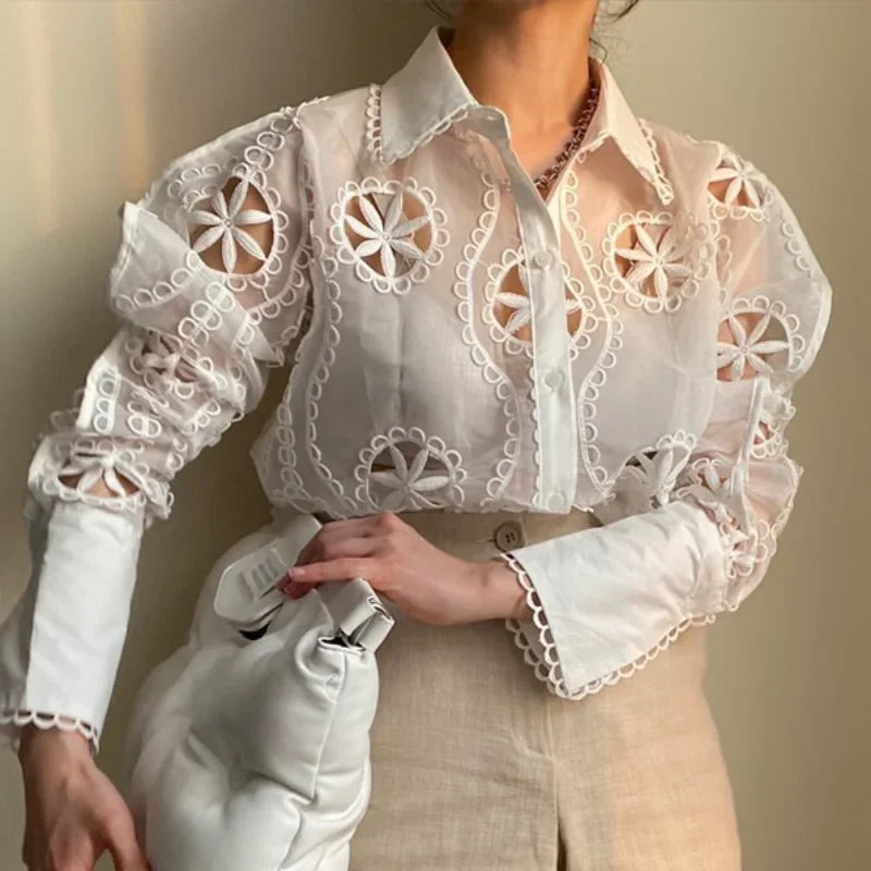 Women's Long Sleeve Floral Embroidery Blouse, Vintage Tops, Loose Casual Blouses