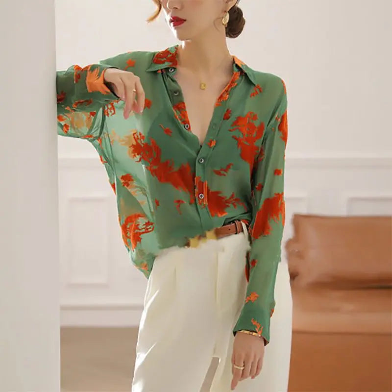 Fashion Lapel Button Printed Loose All-match Shirts Women's Clothing  Autumn Oversized Casual Tops Commuter Blouses