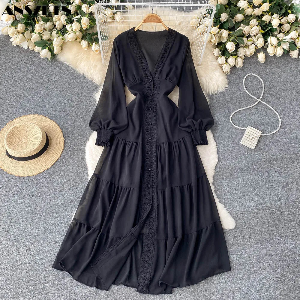 New Lace V-Neck Dress Single Breasted Casual Long Dress long sleeve maxi dress