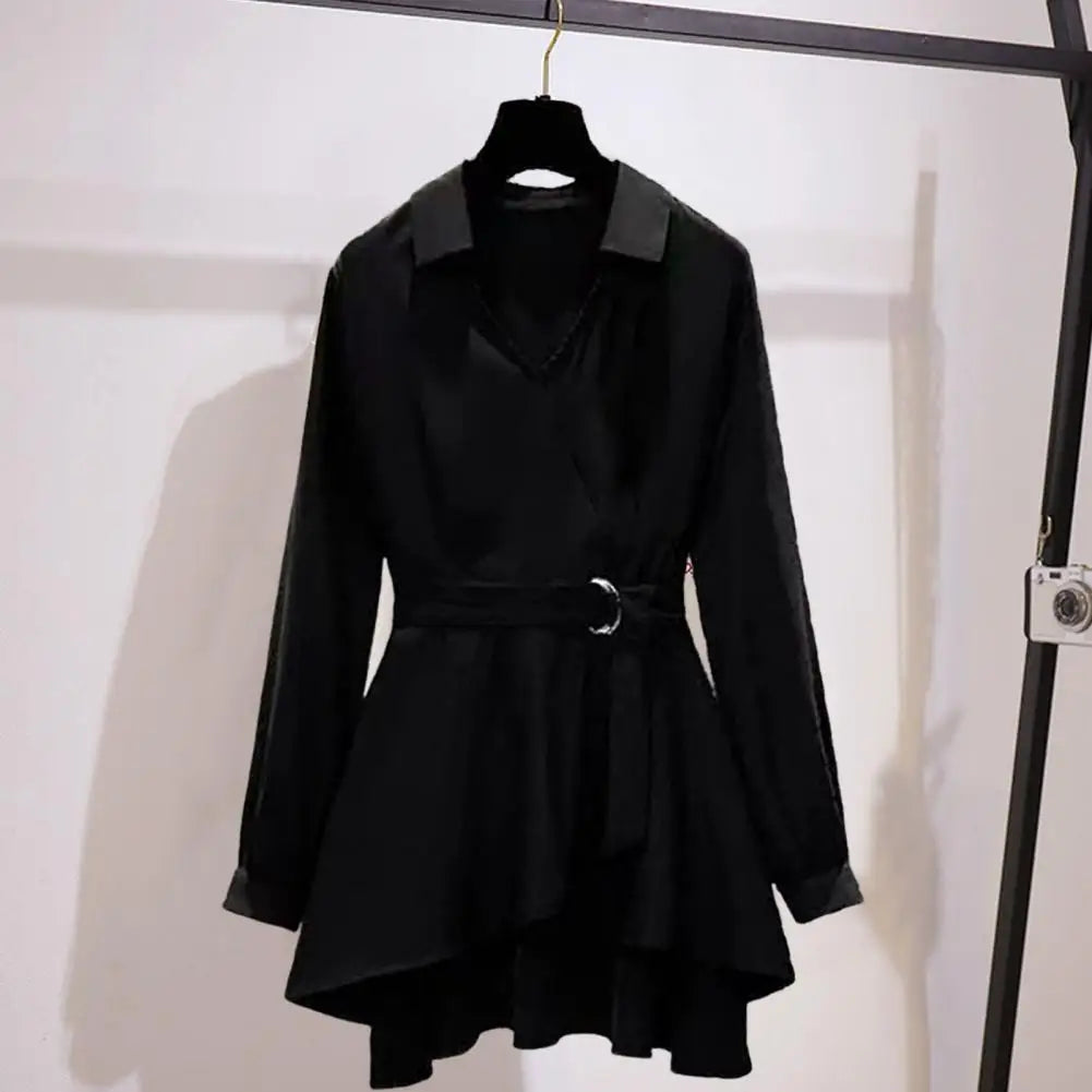 Women's Shirt Lapel V Neck Long Sleeves Waist Tight Adjustable Belt Pullover Shirt Female Clothing