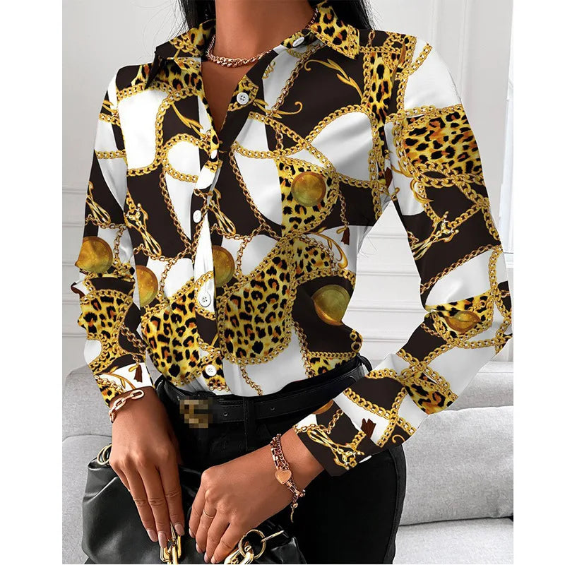 Casual Geometric Printed Shirt Turn-down Collar Long Sleeve Single Breasted Shirt Temperament Fashion Office Women's Top