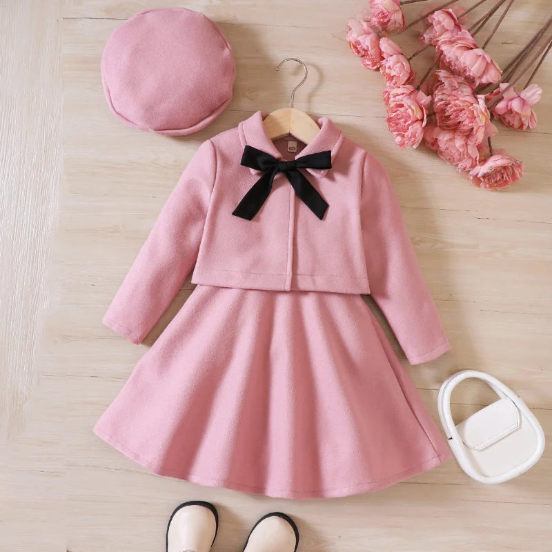Kids Outfits Girl' Clothing Autumn Winter Series Long-sleeved Woolen Coat+Sleeveless Dress with Shoulder Hanging+Beret 3Pcs Set