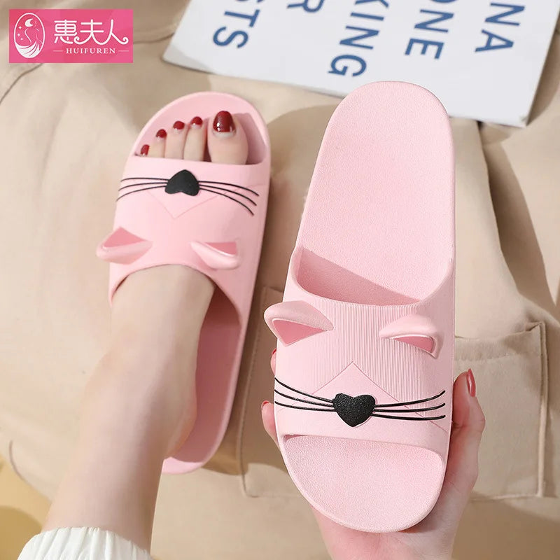 New Summer Slippers Women Home Shoes Sandals Cartoon Cats Flip Flops Men Couple's Soft Sole Bathroom Slippers Zapatillas
