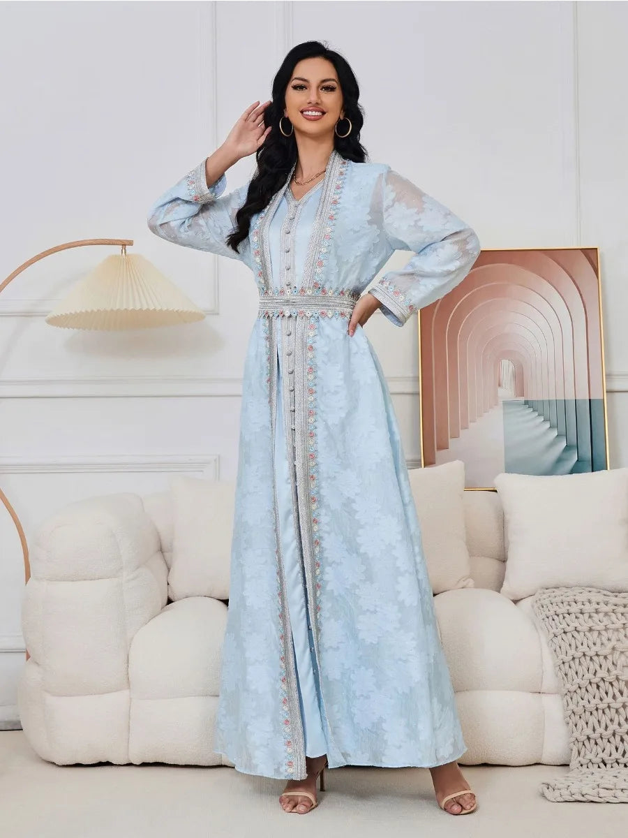Eid Arab Muslim Party Dress Women Abaya with Inner Dress 2 Piece Set Jalabiya Kaftan Vestidos Ramadan Gown Robe