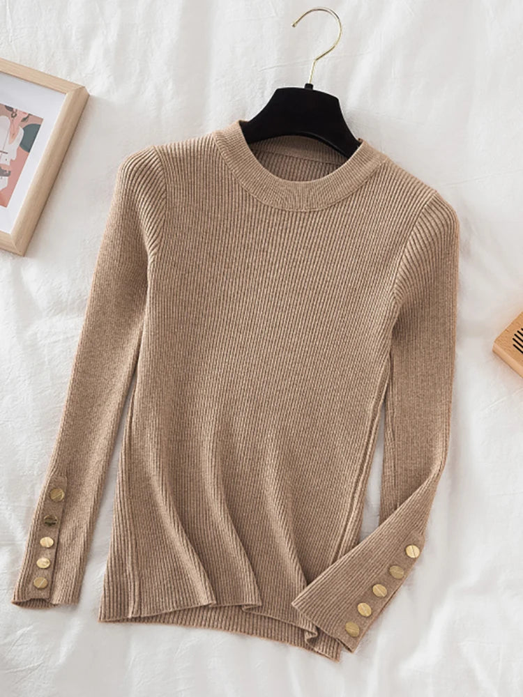 women thick sweater pullovers khaki casual autumn winter button o-neck chic sweater female slim knit top soft jumper tops