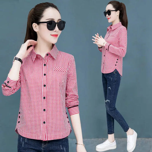 Shirts Women's Blouses Tops Long Sleeve Female Stripe Casual Print Shirts Slim Checked Lady Outwear