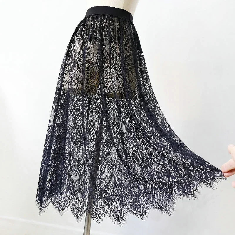 Women Mesh Lace Transparent Long Tulle Skirt