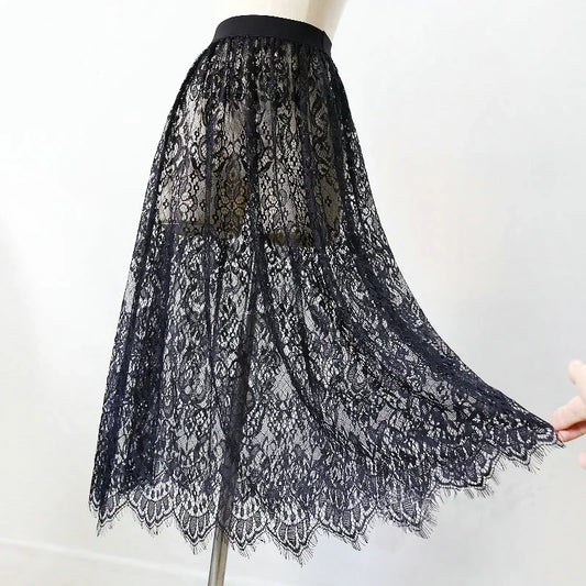 Women Mesh Lace Transparent Long Tulle Skirt
