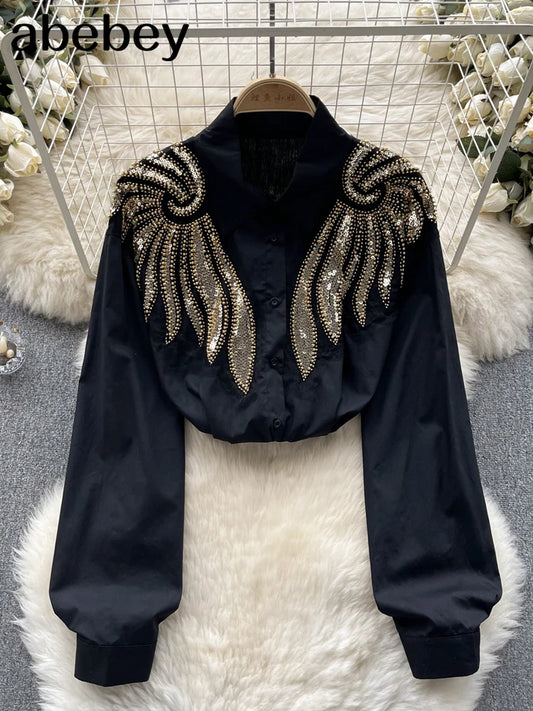 Wing Chiffon Shirt Women Elegant Lapel Long Sleeve Spring Lady Slim Casual Blouse