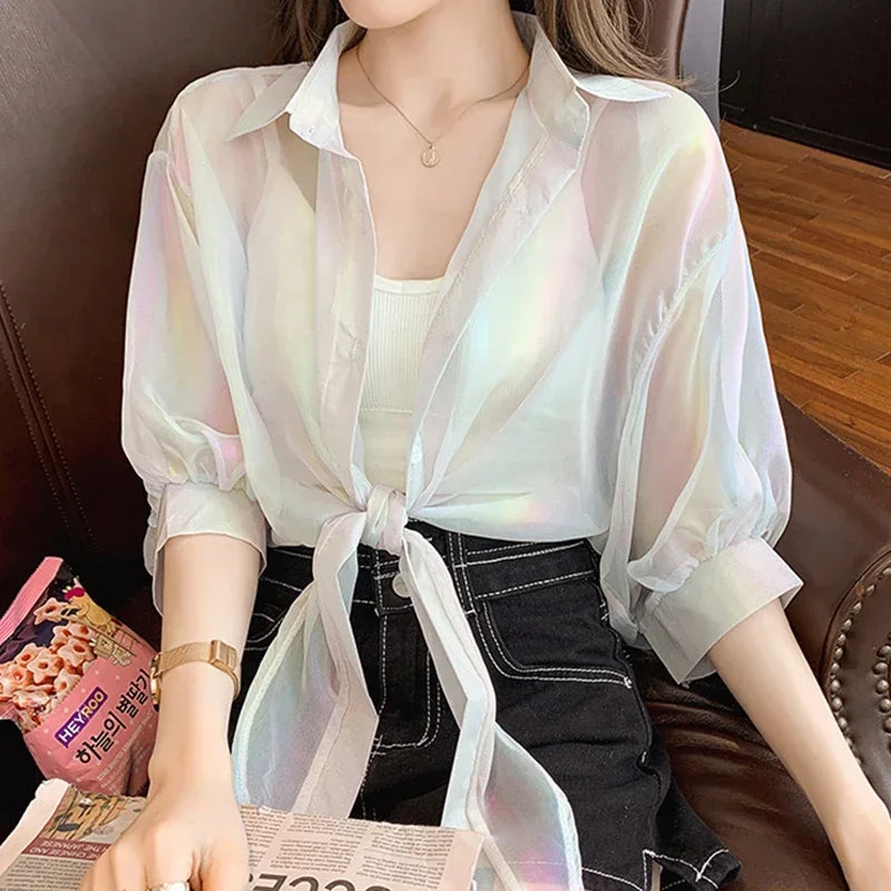 Women Shining Sparkles Tied Waist Sexy Chiffon Blouses Shirts For Women