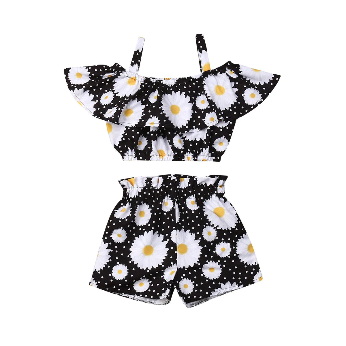 1-6 Year Old Toddler Baby Girl Clothes Watermelon Sunflower Print Ruffle Drop Shoulder Strap Top Shorts 2-Piece Summer Set